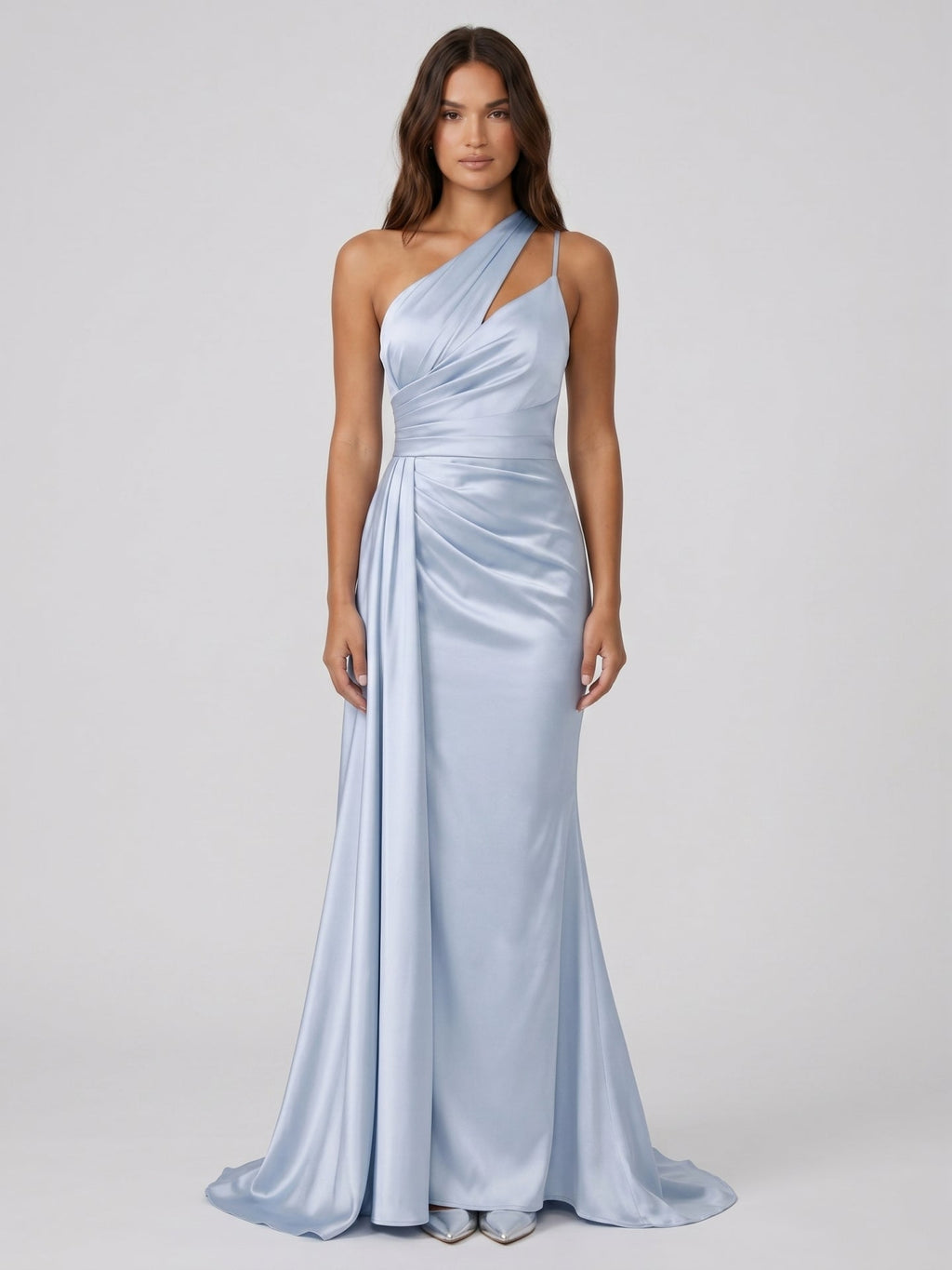 Mist Satin Column One Shoulder Back Zip Floor-Length Bridesmaid Dress with Pleated Details - Curvevia
