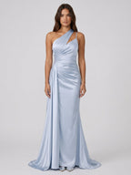 Mist Satin Column One Shoulder Back Zip Floor-Length Bridesmaid Dress with Pleated Details - Curvevia