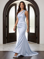 Mist Satin Column One Shoulder Back Zip Floor-Length Bridesmaid Dress with Pleated Details - Curvevia