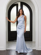 Mist Satin Column One Shoulder Back Zip Floor-Length Bridesmaid Dress with Pleated Details - Curvevia