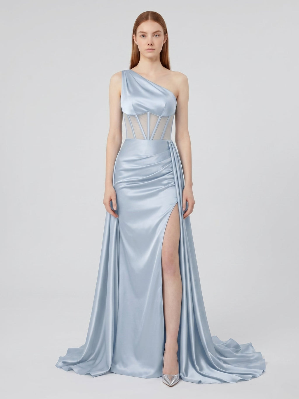Mist Satin Mermaid One Shoulder Back Zip Floor-Length Bridesmaid Dress - Curvevia