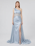 Mist Satin Mermaid One Shoulder Back Zip Floor-Length Bridesmaid Dress - Curvevia