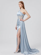 Mist Satin Mermaid One Shoulder Back Zip Floor-Length Bridesmaid Dress - Curvevia