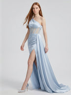 Mist Satin Mermaid One Shoulder Back Zip Floor-Length Bridesmaid Dress - Curvevia