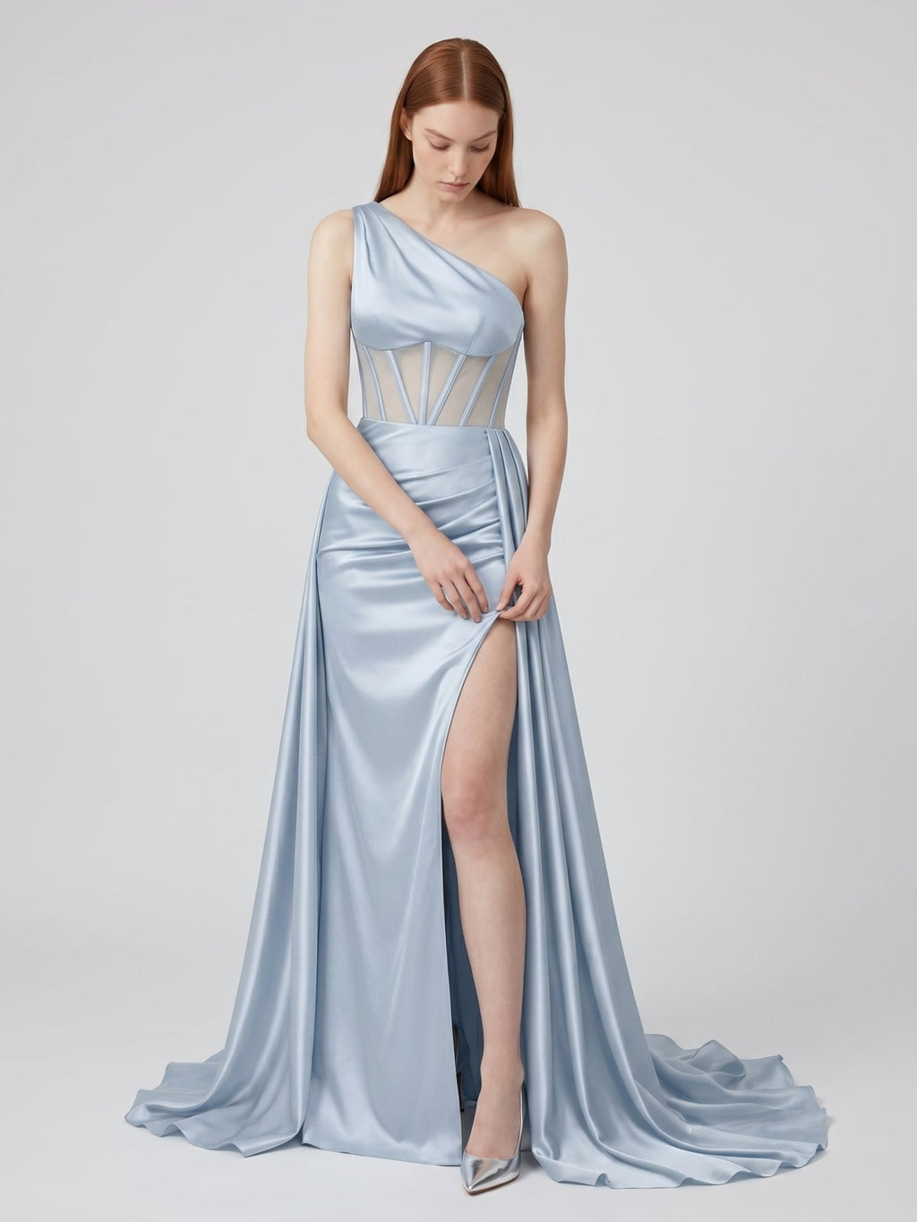 Mist Satin Mermaid One Shoulder Back Zip Floor-Length Bridesmaid Dress - Curvevia