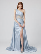 Mist Satin Mermaid One Shoulder Back Zip Floor-Length Bridesmaid Dress - Curvevia