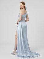 Mist Satin Mermaid One Shoulder Back Zip Floor-Length Bridesmaid Dress - Curvevia