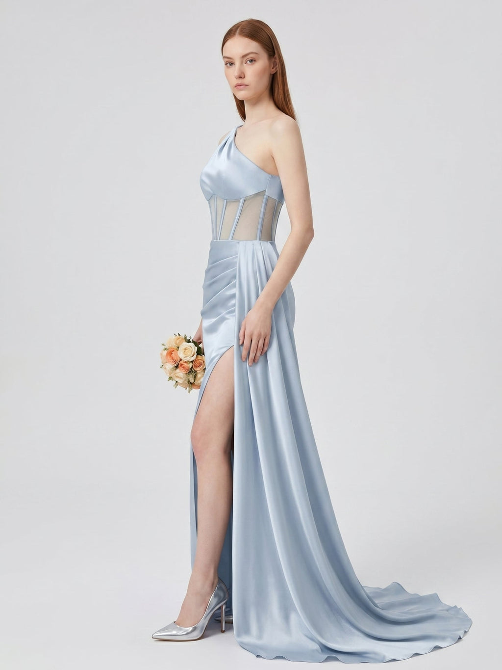 Mist Satin Mermaid One Shoulder Back Zip Floor-Length Bridesmaid Dress - Curvevia