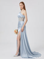 Mist Satin Mermaid One Shoulder Back Zip Floor-Length Bridesmaid Dress - Curvevia