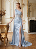 Mist Satin Mermaid One Shoulder Back Zip Floor-Length Bridesmaid Dress - Curvevia