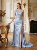 Mist Satin Mermaid One Shoulder Back Zip Floor-Length Bridesmaid Dress - Curvevia