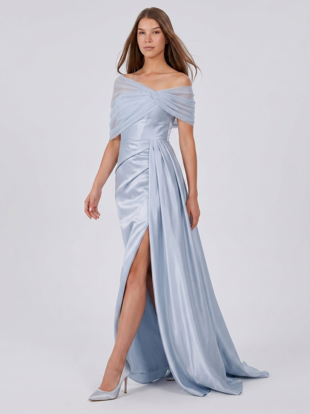 Mist Satin Mermaid One Shoulder Back Zip Floor-Length Bridesmaid Dress with Pleated Details - Curvevia