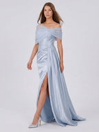 Mist Satin Mermaid One Shoulder Back Zip Floor-Length Bridesmaid Dress with Pleated Details - Curvevia