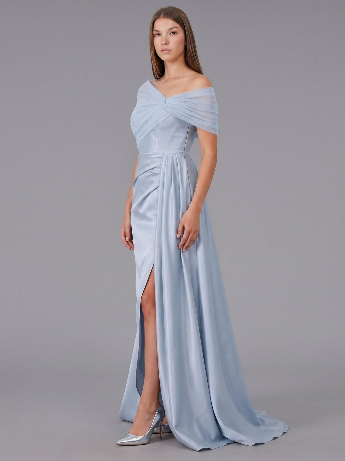 Mist Satin Mermaid One Shoulder Back Zip Floor-Length Bridesmaid Dress with Pleated Details - Curvevia