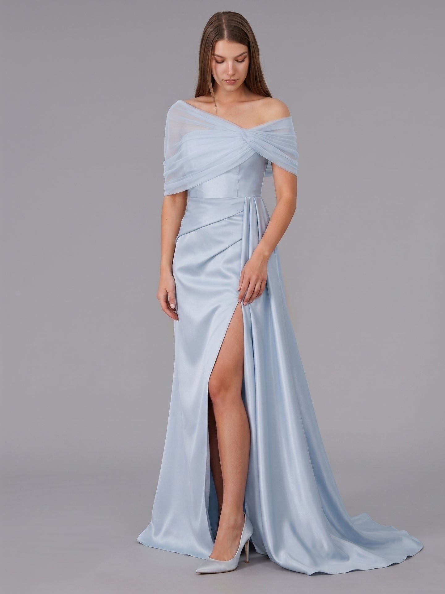 Mist Satin Mermaid One Shoulder Back Zip Floor-Length Bridesmaid Dress with Pleated Details - Curvevia
