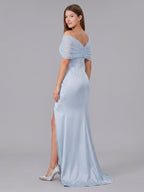 Mist Satin Mermaid One Shoulder Back Zip Floor-Length Bridesmaid Dress with Pleated Details - Curvevia