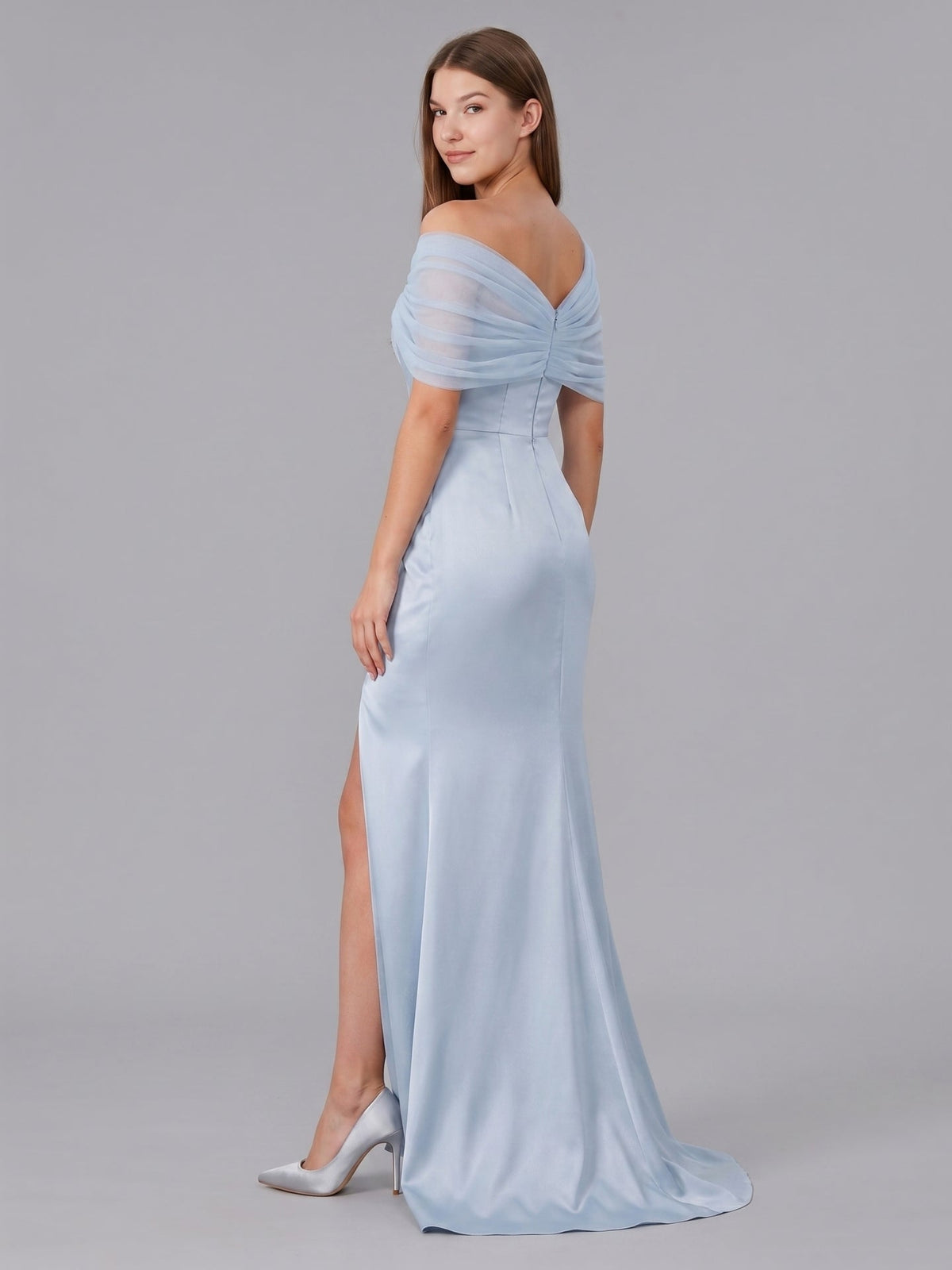 Mist Satin Mermaid One Shoulder Back Zip Floor-Length Bridesmaid Dress with Pleated Details - Curvevia