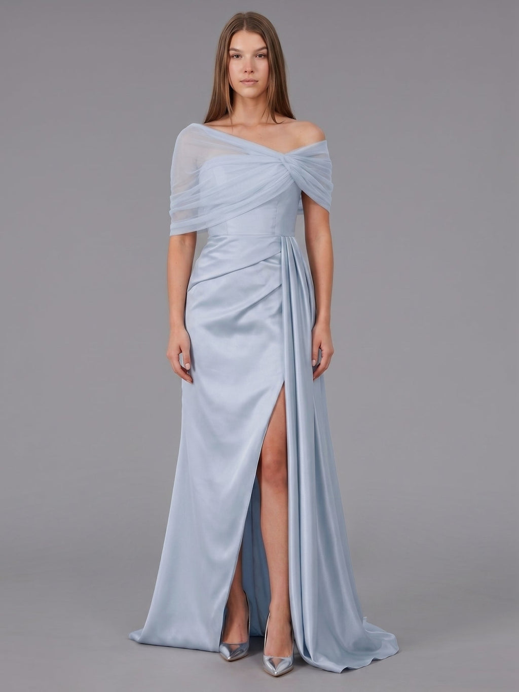 Mist Satin Mermaid One Shoulder Back Zip Floor-Length Bridesmaid Dress with Pleated Details - Curvevia