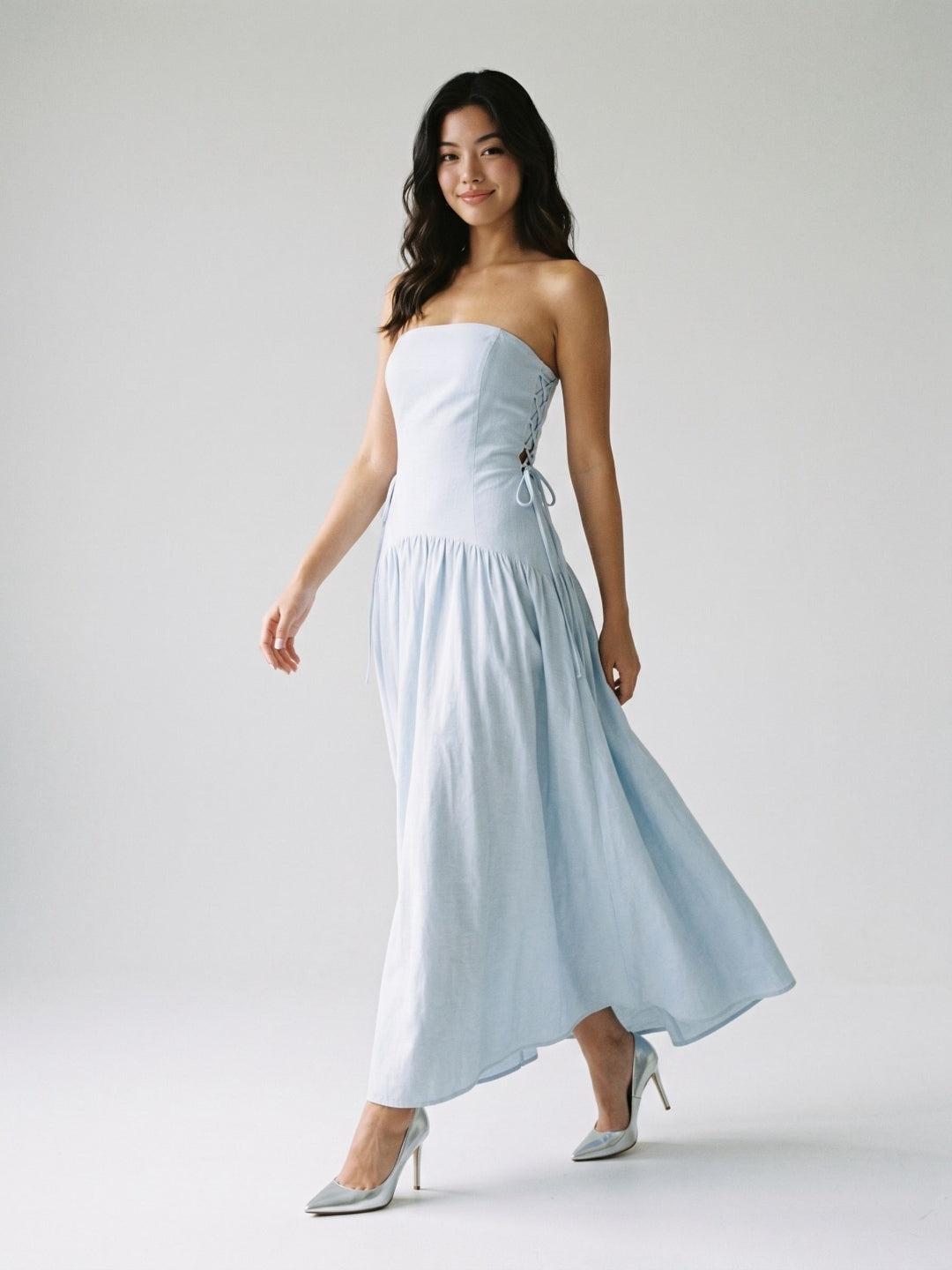 Mist Stretch Knit A-Line Straight Neck Back Zip Floor-Length Evening Dress - Curvevia