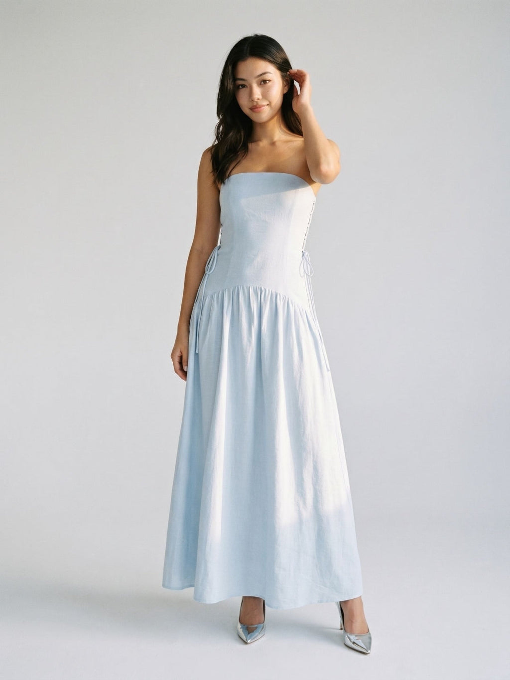 Mist Stretch Knit A-Line Straight Neck Back Zip Floor-Length Evening Dress - Curvevia