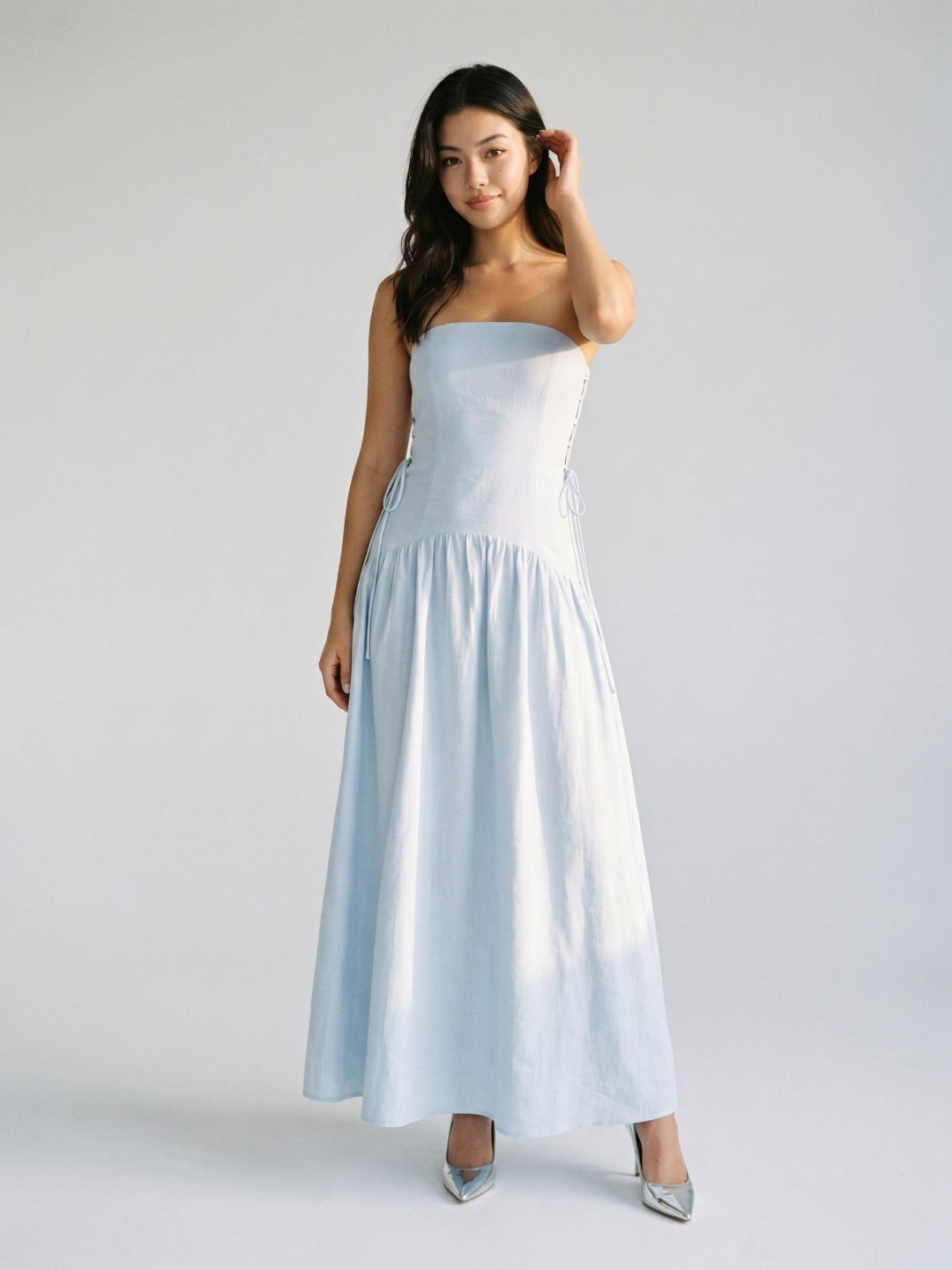 Mist Stretch Knit A-Line Straight Neck Back Zip Floor-Length Evening Dress - Curvevia