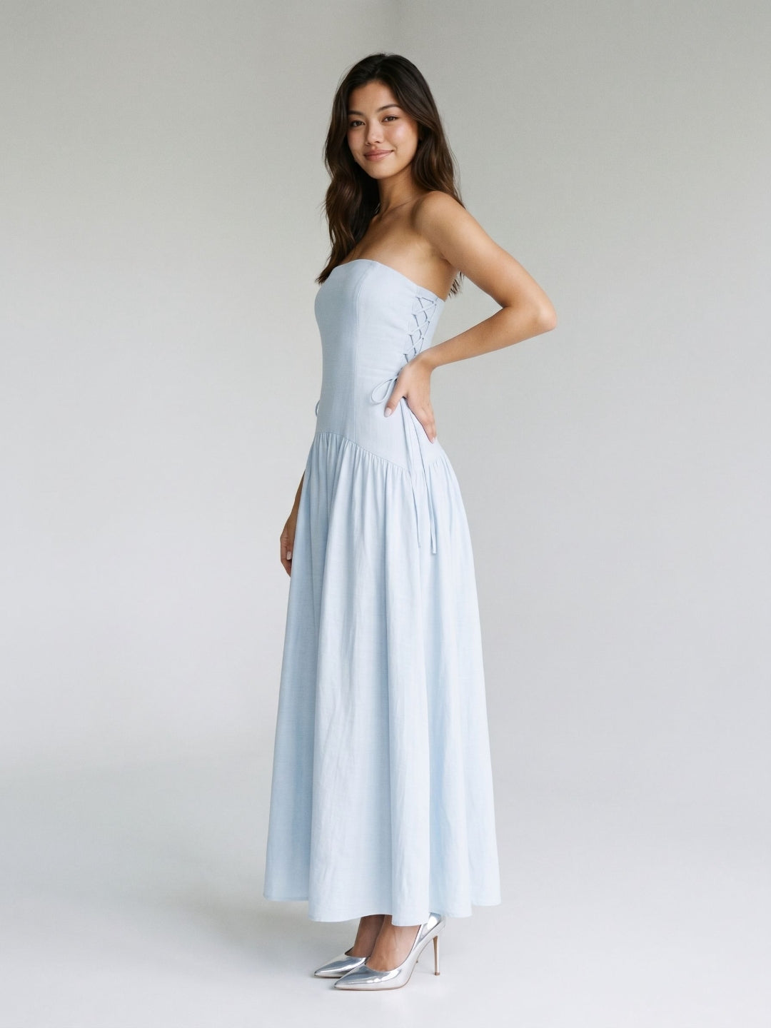 Mist Stretch Knit A-Line Straight Neck Back Zip Floor-Length Evening Dress - Curvevia