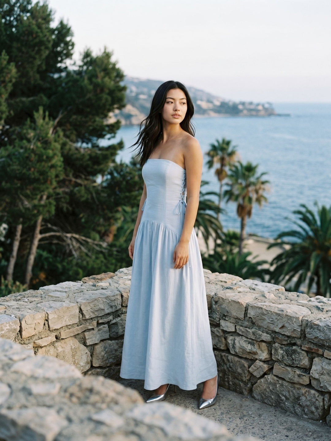 Mist Stretch Knit A-Line Straight Neck Back Zip Floor-Length Evening Dress - Curvevia