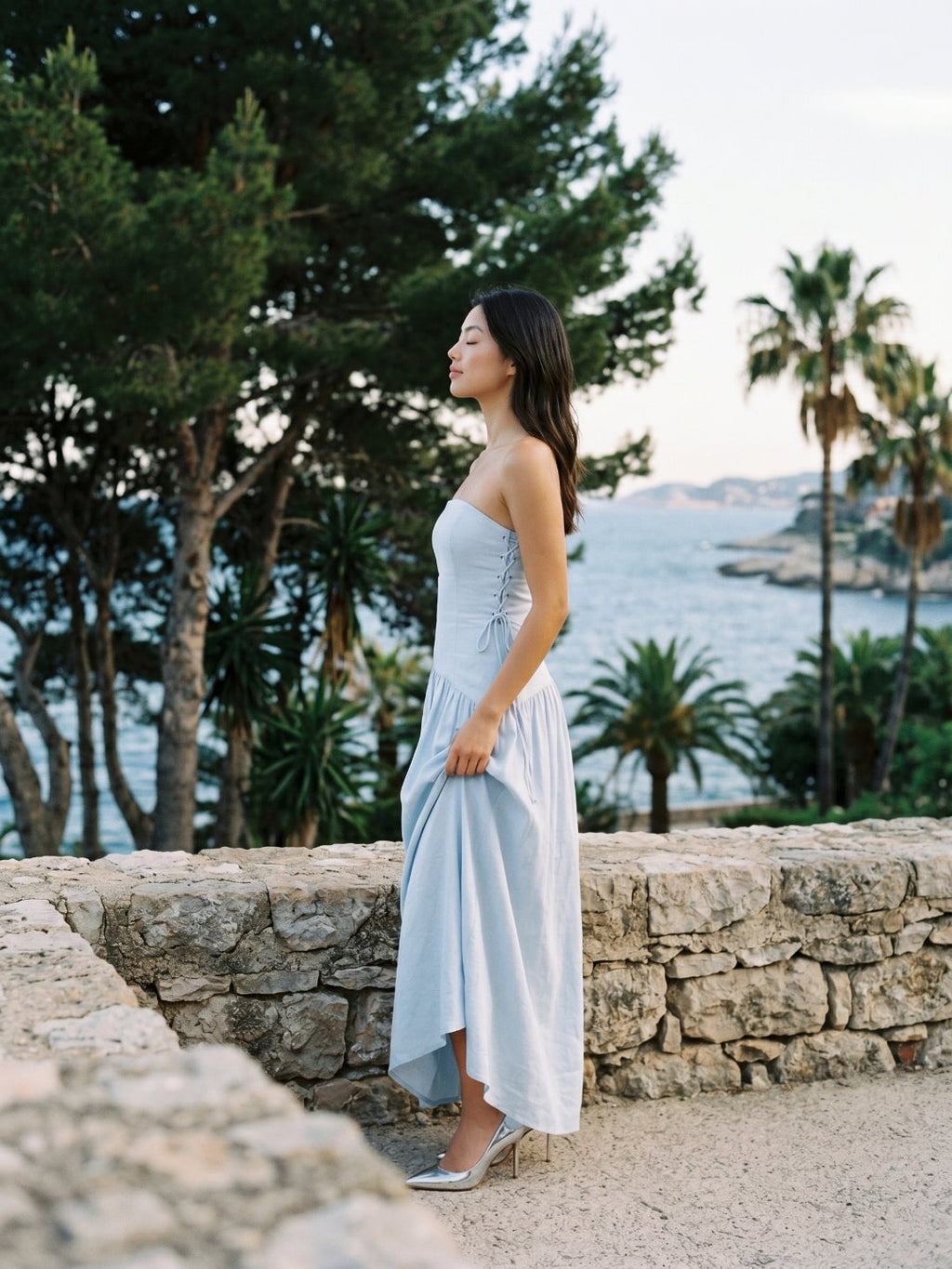 Mist Stretch Knit A-Line Straight Neck Back Zip Floor-Length Evening Dress - Curvevia