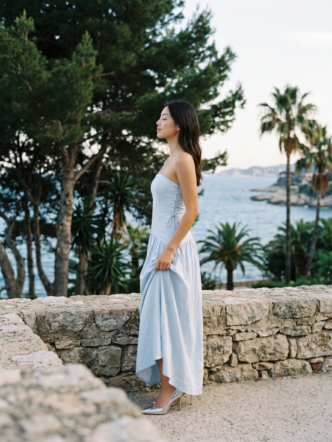 Mist Stretch Knit A-Line Straight Neck Back Zip Floor-Length Evening Dress - Curvevia