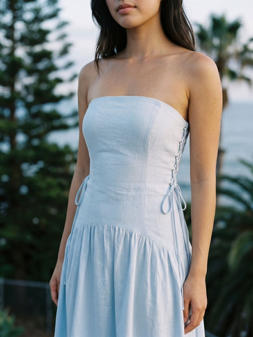Mist Stretch Knit A-Line Straight Neck Back Zip Floor-Length Evening Dress - Curvevia