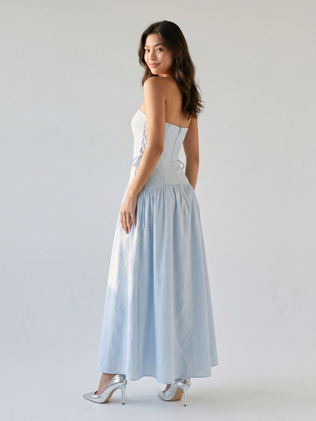 Mist Stretch Knit A-Line Straight Neck Back Zip Floor-Length Evening Dress - Curvevia