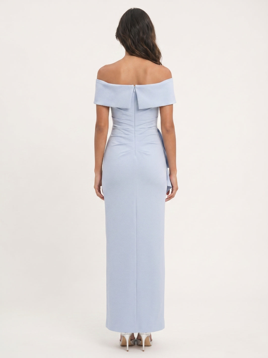 Mist Stretch Knit Column Off-the-Shoulder Back Zip Ankle-Length Bridesmaid Dress with Pleats - Curvevia
