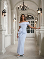Mist Stretch Knit Column Off-the-Shoulder Back Zip Ankle-Length Bridesmaid Dress with Pleats - Curvevia