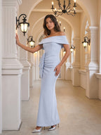 Mist Stretch Knit Column Off-the-Shoulder Back Zip Ankle-Length Bridesmaid Dress with Pleats - Curvevia