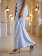Mist Stretch Knit Column Off-the-Shoulder Back Zip Ankle-Length Bridesmaid Dress with Pleats - Curvevia