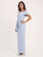 Mist Stretch Knit Column Off-the-Shoulder Back Zip Ankle-Length Bridesmaid Dress with Pleats - Curvevia