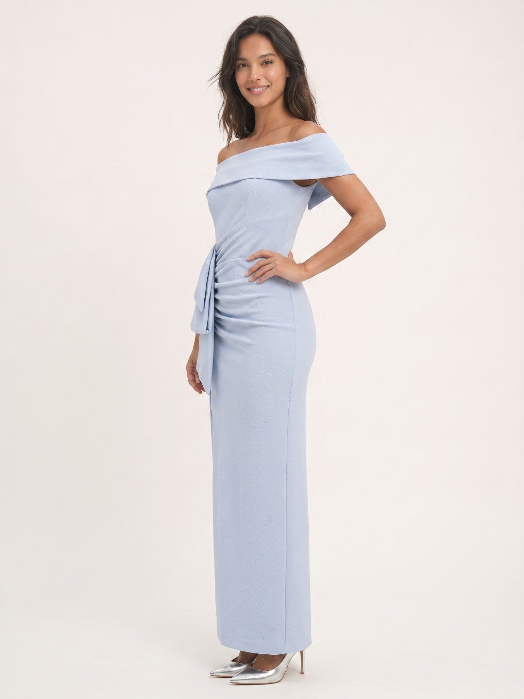 Mist Stretch Knit Column Off-the-Shoulder Back Zip Ankle-Length Bridesmaid Dress with Pleats - Curvevia
