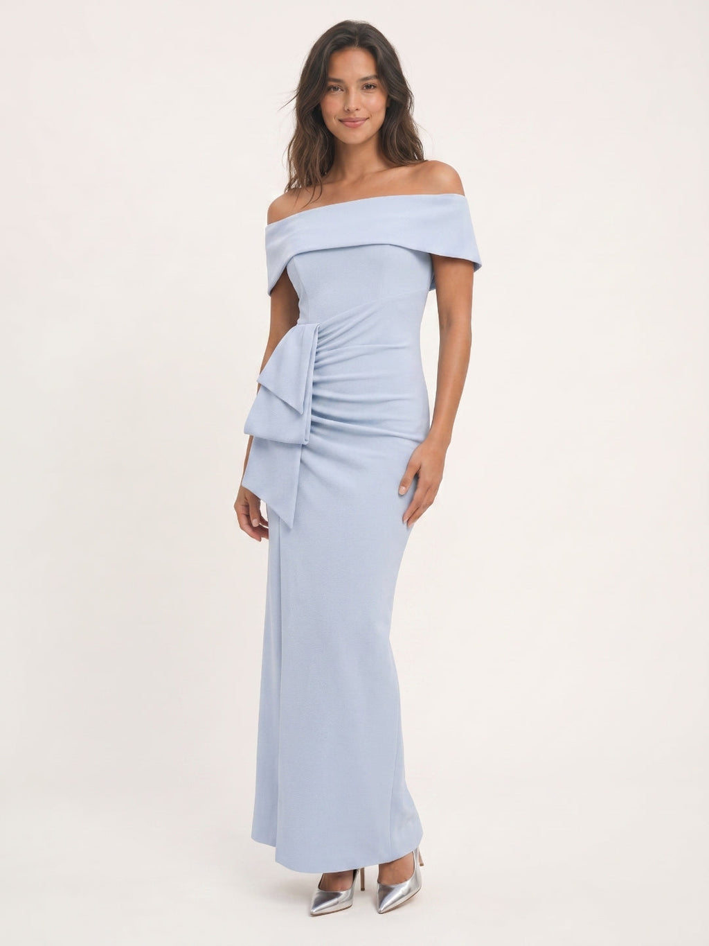 Mist Stretch Knit Column Off-the-Shoulder Back Zip Ankle-Length Bridesmaid Dress with Pleats - Curvevia