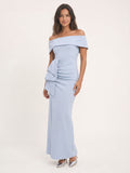 Mist Stretch Knit Column Off-the-Shoulder Back Zip Ankle-Length Bridesmaid Dress with Pleats - Curvevia