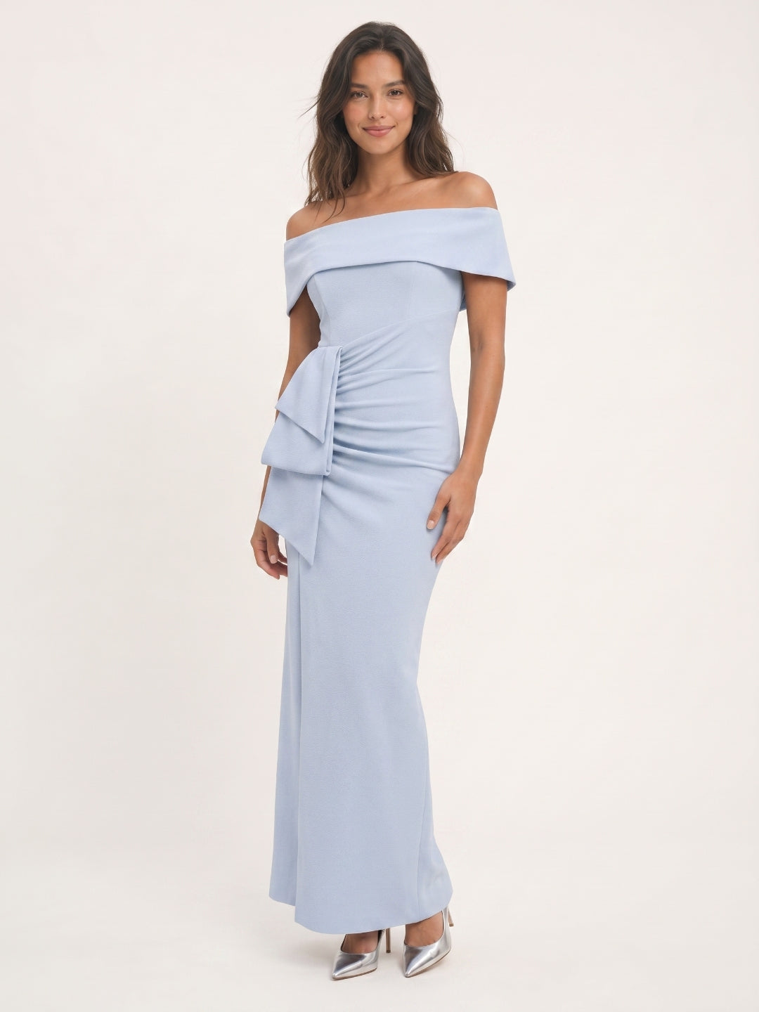Mist Stretch Knit Column Off-the-Shoulder Back Zip Ankle-Length Bridesmaid Dress with Pleats - Curvevia