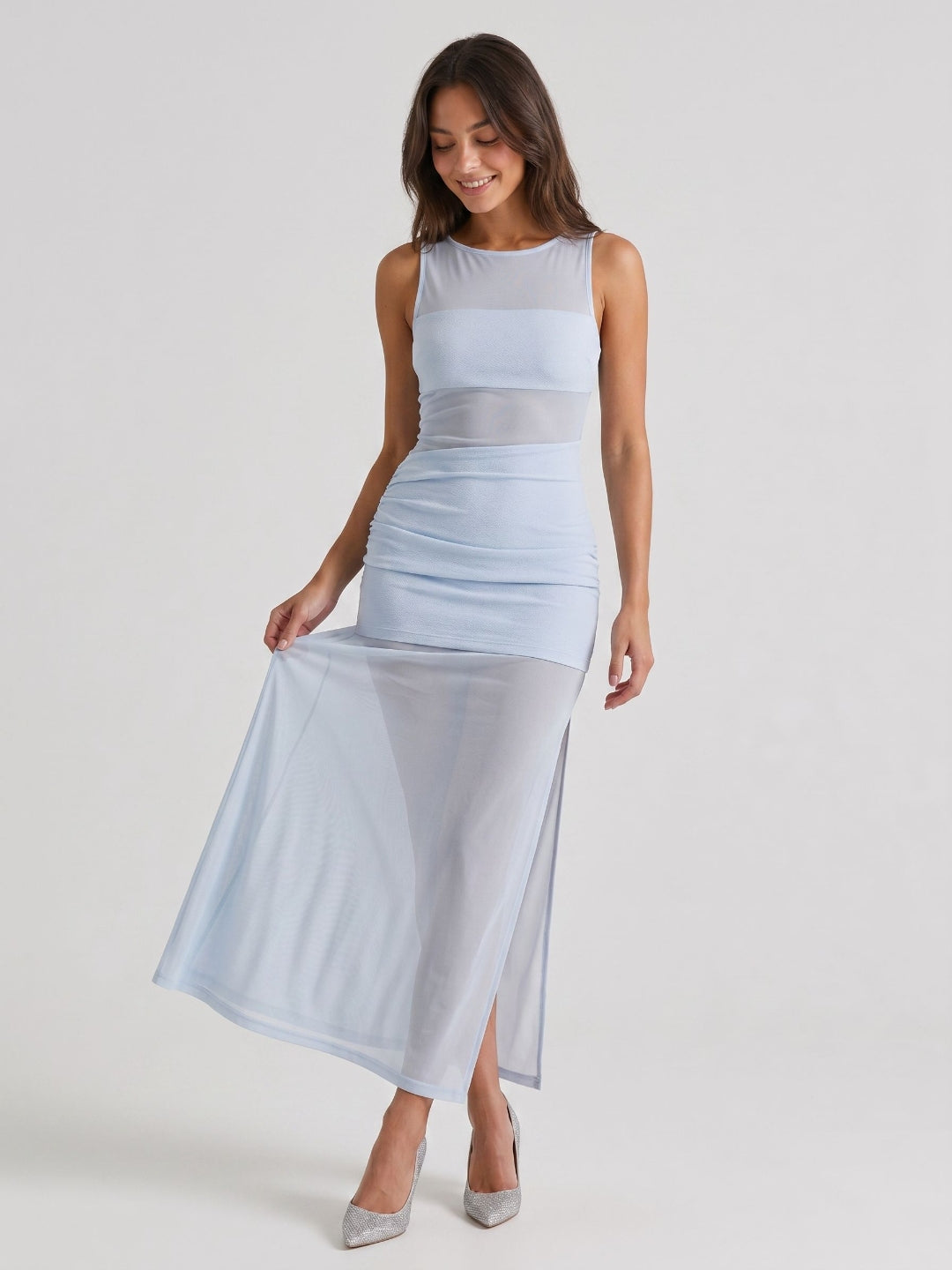 Mist Stretch Knit Column Scoop Neck Side Zip Ankle-Length Evening Dress - Curvevia