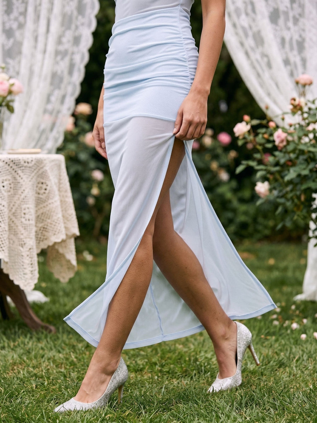 Mist Stretch Knit Column Scoop Neck Side Zip Ankle-Length Evening Dress - Curvevia