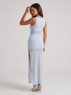 Mist Stretch Knit Column Scoop Neck Side Zip Ankle-Length Evening Dress - Curvevia