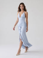 Mist Stretch Knit Sheath V-Neck Back Zip Ankle-Length Evening Dress with Ruffles - Curvevia