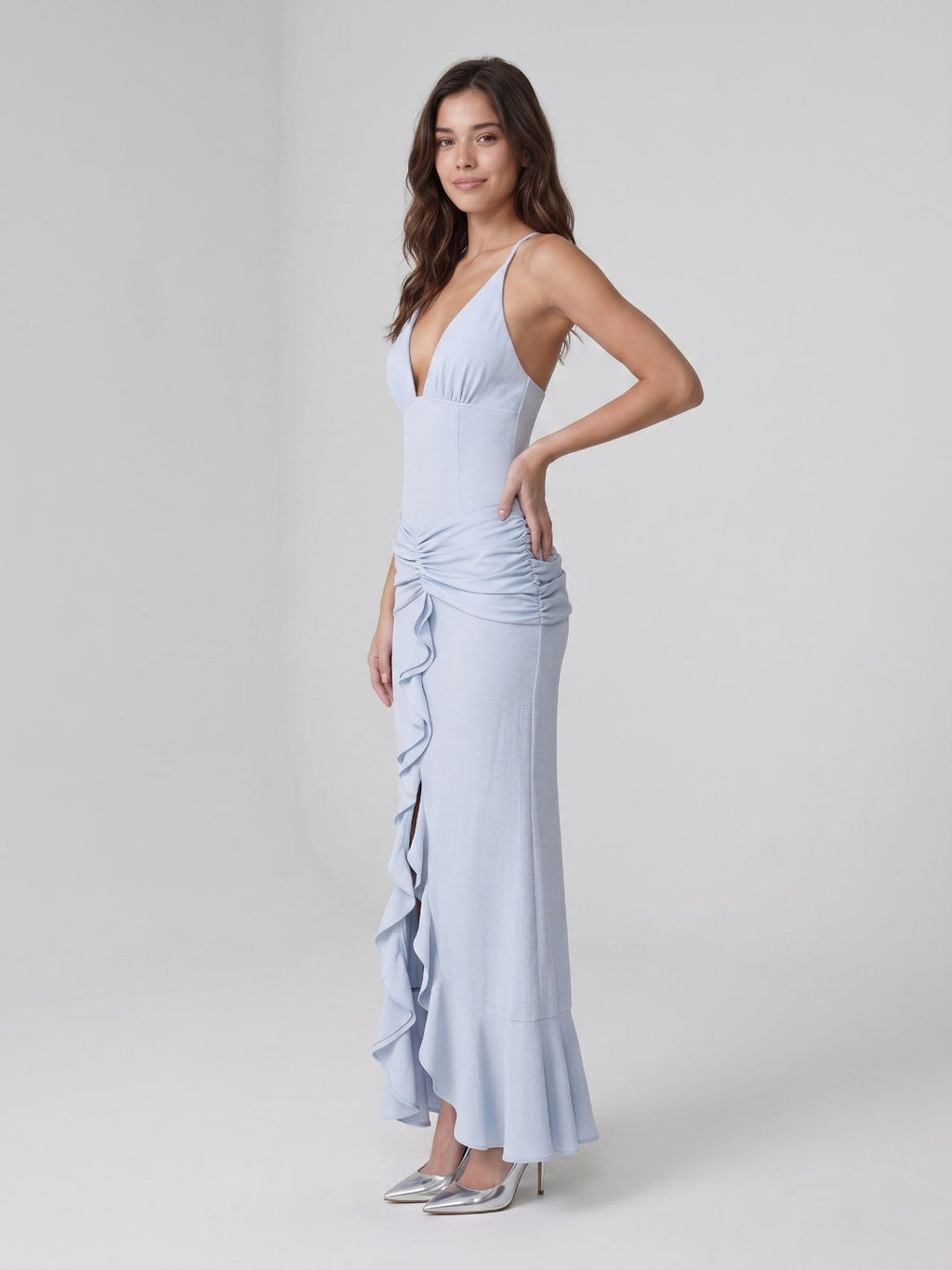 Mist Stretch Knit Sheath V-Neck Back Zip Ankle-Length Evening Dress with Ruffles - Curvevia