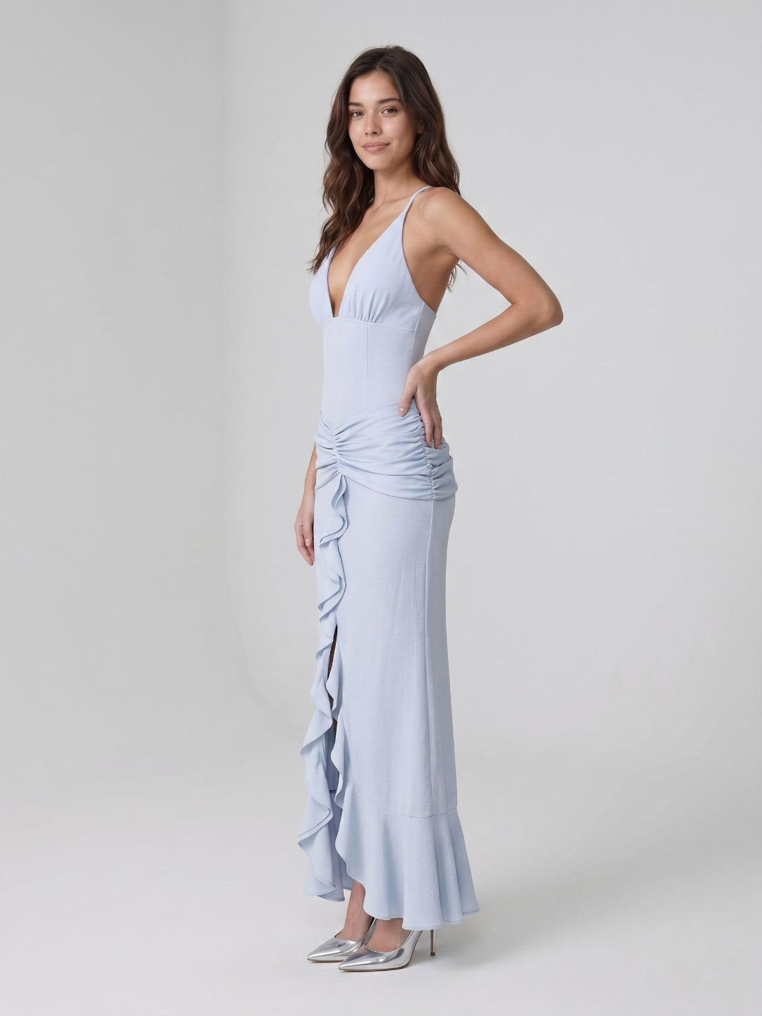 Mist Stretch Knit Sheath V-Neck Back Zip Ankle-Length Evening Dress with Ruffles - Curvevia