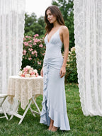Mist Stretch Knit Sheath V-Neck Back Zip Ankle-Length Evening Dress with Ruffles - Curvevia