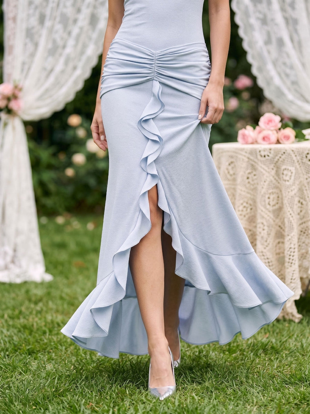 Mist Stretch Knit Sheath V-Neck Back Zip Ankle-Length Evening Dress with Ruffles - Curvevia