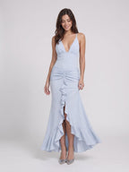 Mist Stretch Knit Sheath V-Neck Back Zip Ankle-Length Evening Dress with Ruffles - Curvevia