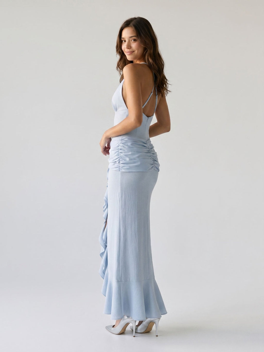Mist Stretch Knit Sheath V-Neck Back Zip Ankle-Length Evening Dress with Ruffles - Curvevia